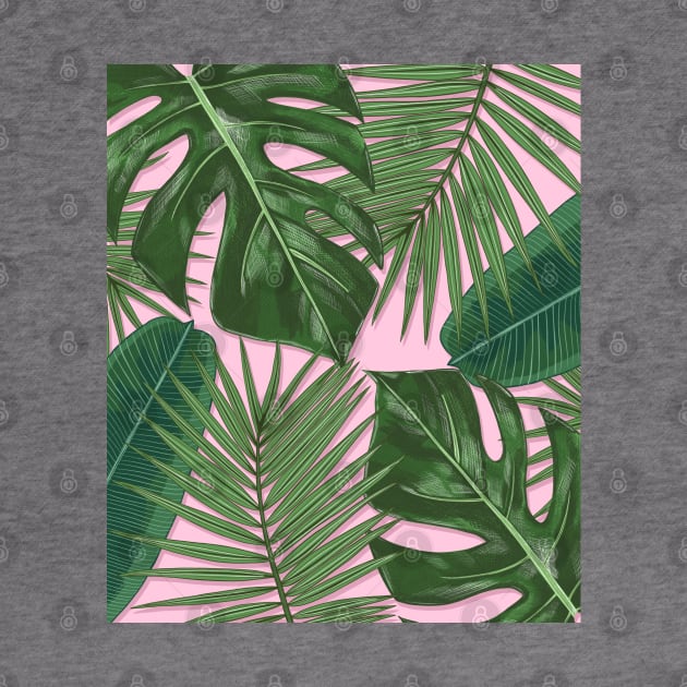 Monstera, Spider Palm, Tropical Leaves Print on Pink by OneThreeSix